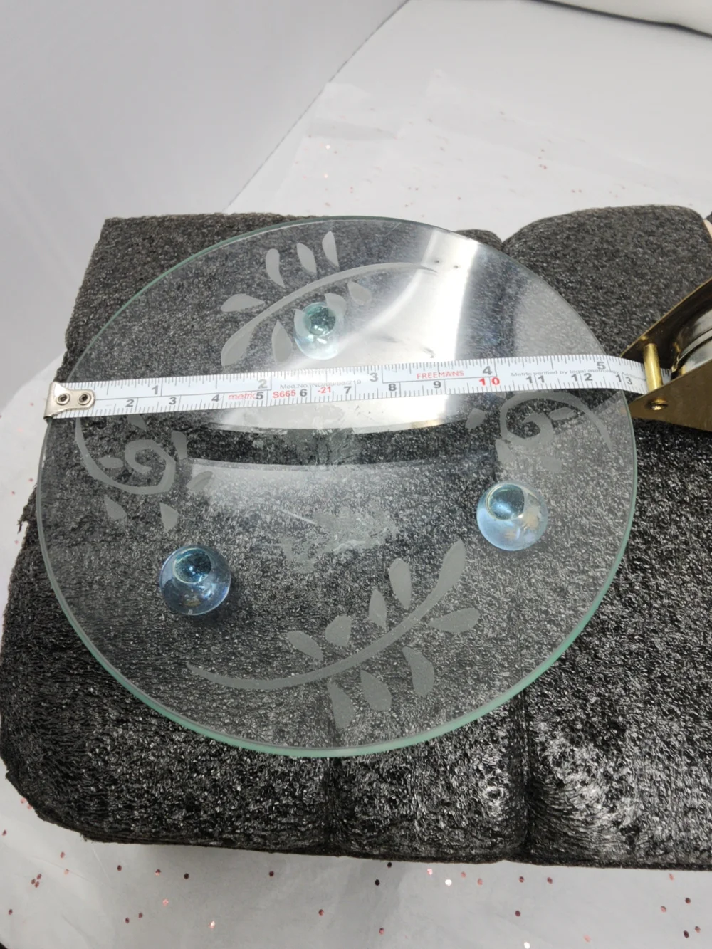 Etched Glass Round Display Tray with Aqua Glass Feet